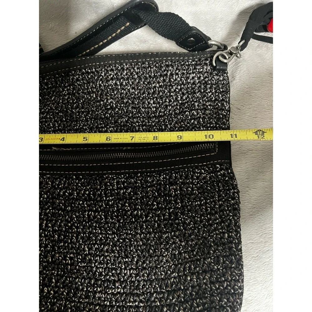 The Sak Crochet Crossbody Bag Black Knit Woven Purse w/ Tassel–Adjustable Strap